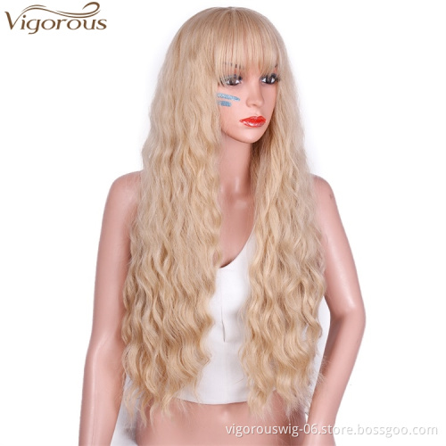 Vigorous 26 Inch Blonde 30-613 Color Long Wavy Wig with Bangs Glueless Synthetic Party Halloween Wigs